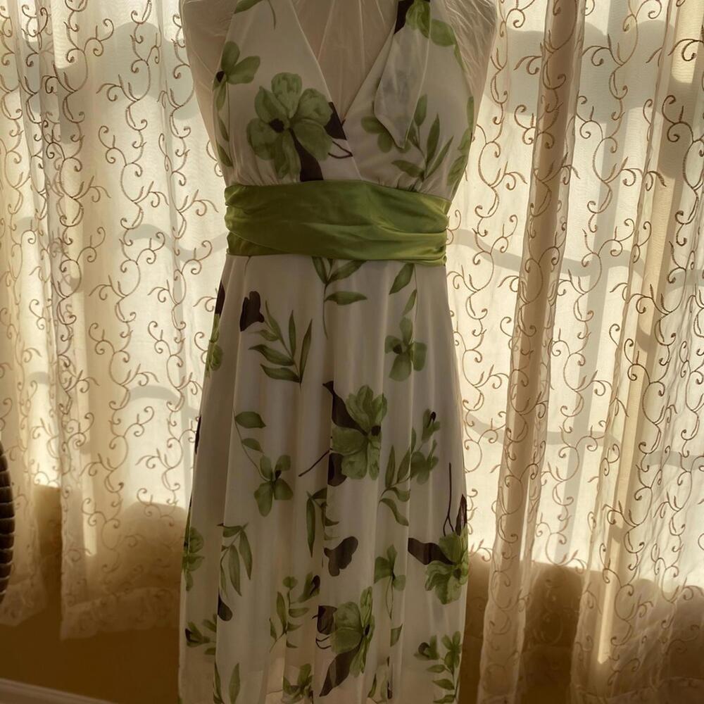 Floral Print Women's Casual Dress with Green Waistband